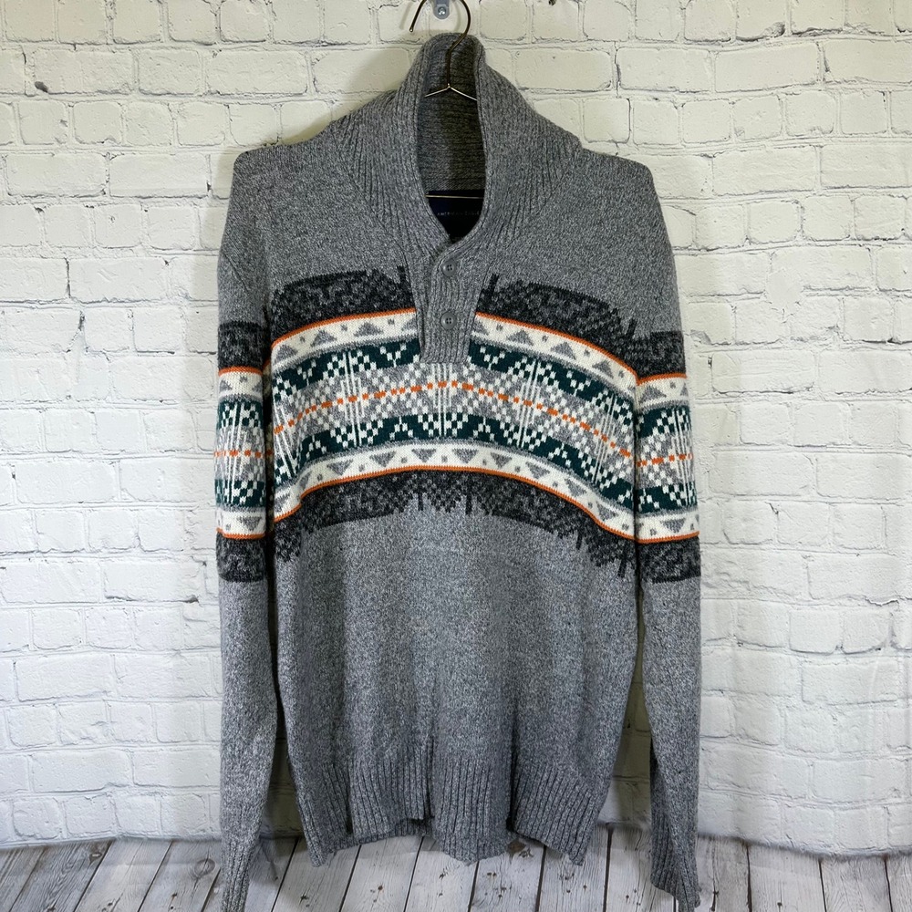 American Eagle Mens Gray Fair Isle Shawl Collar Button Sweater Medium 7725921646